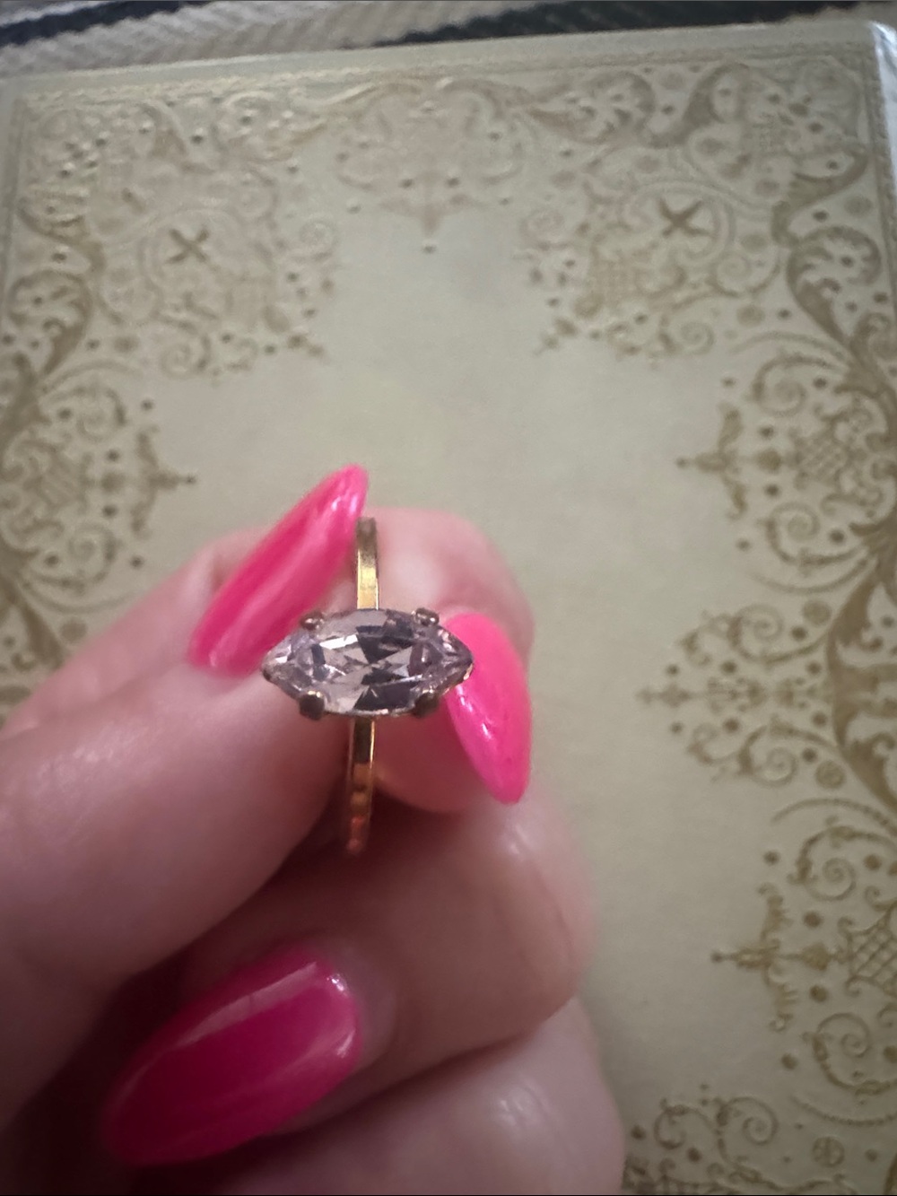 Gold Ring with Marquise Clear Stone and Pink Accent